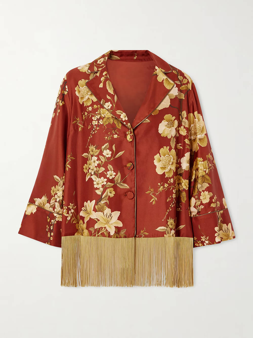 Exquisite Fringe Floral Print Satin Twill Relaxed Shirt