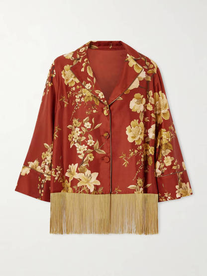 Exquisite Fringe Floral Print Satin Twill Relaxed Shirt