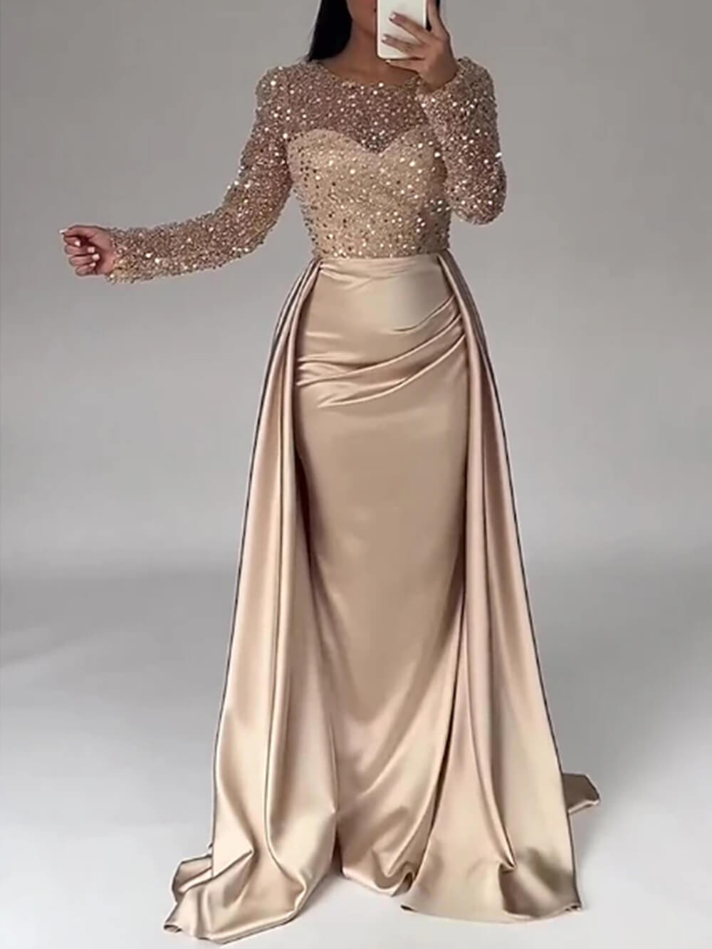 Exquisite Champagne-Colored Sparkling Rhinestone Sheer Tulle Sleeve Party Maxi Dress