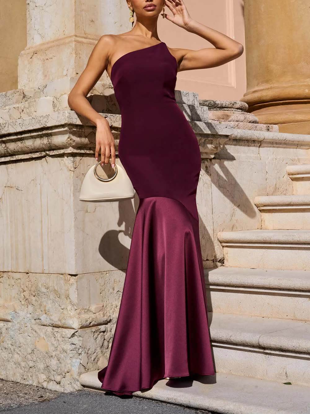 Elegant One-Shoulder Maroon Panel Mermaid Maxi Dress