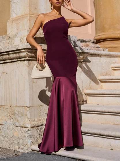 Elegant One-Shoulder Maroon Panel Mermaid Maxi Dress