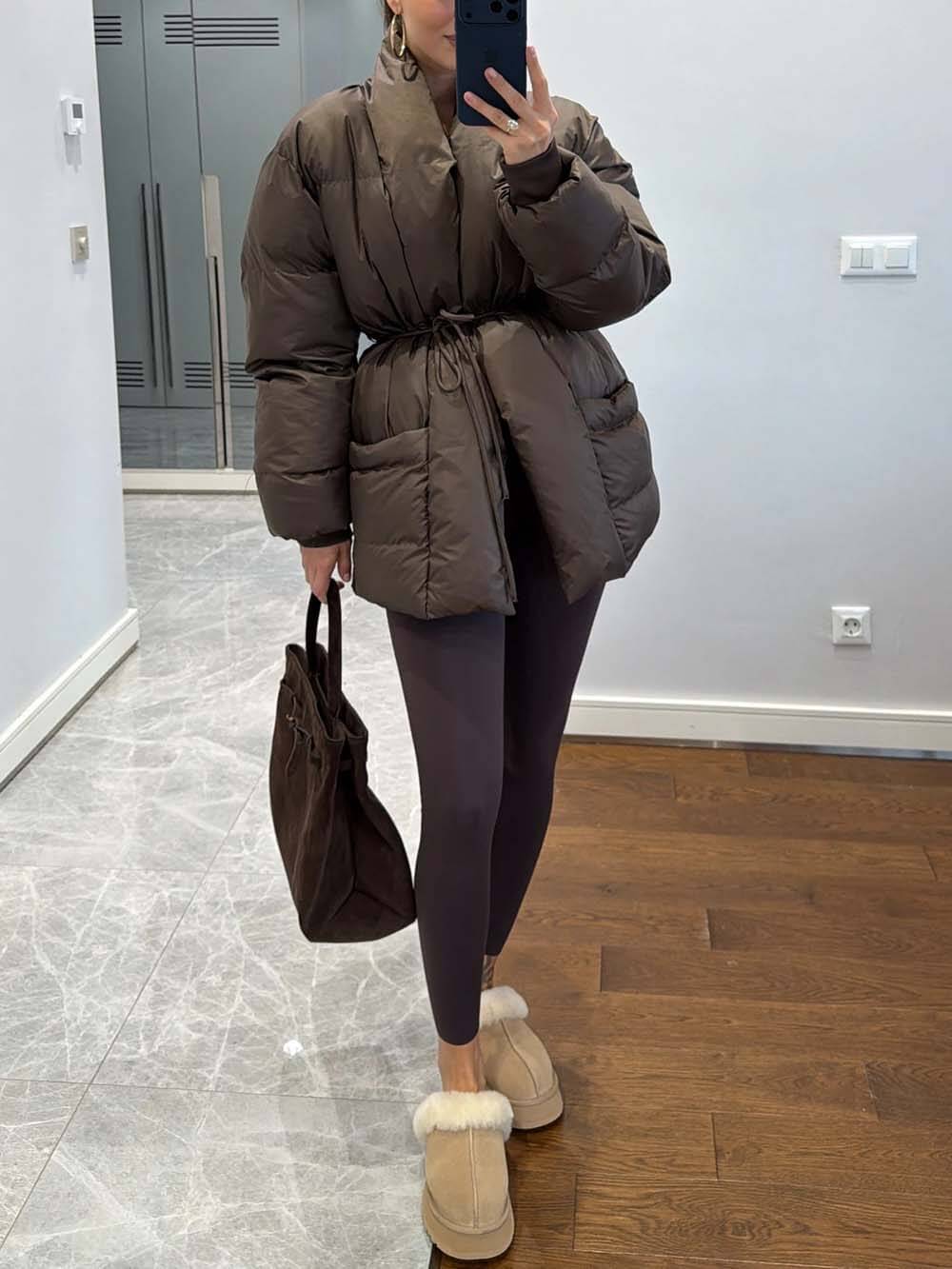 Fashion Pocket Fold-Over Puffy Lace-Up Coat