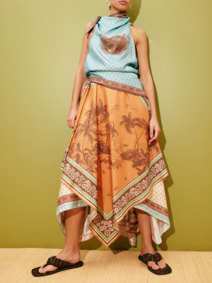 Retro Fashion Printed Scarf-Style Waist Tie Design Midi Dress