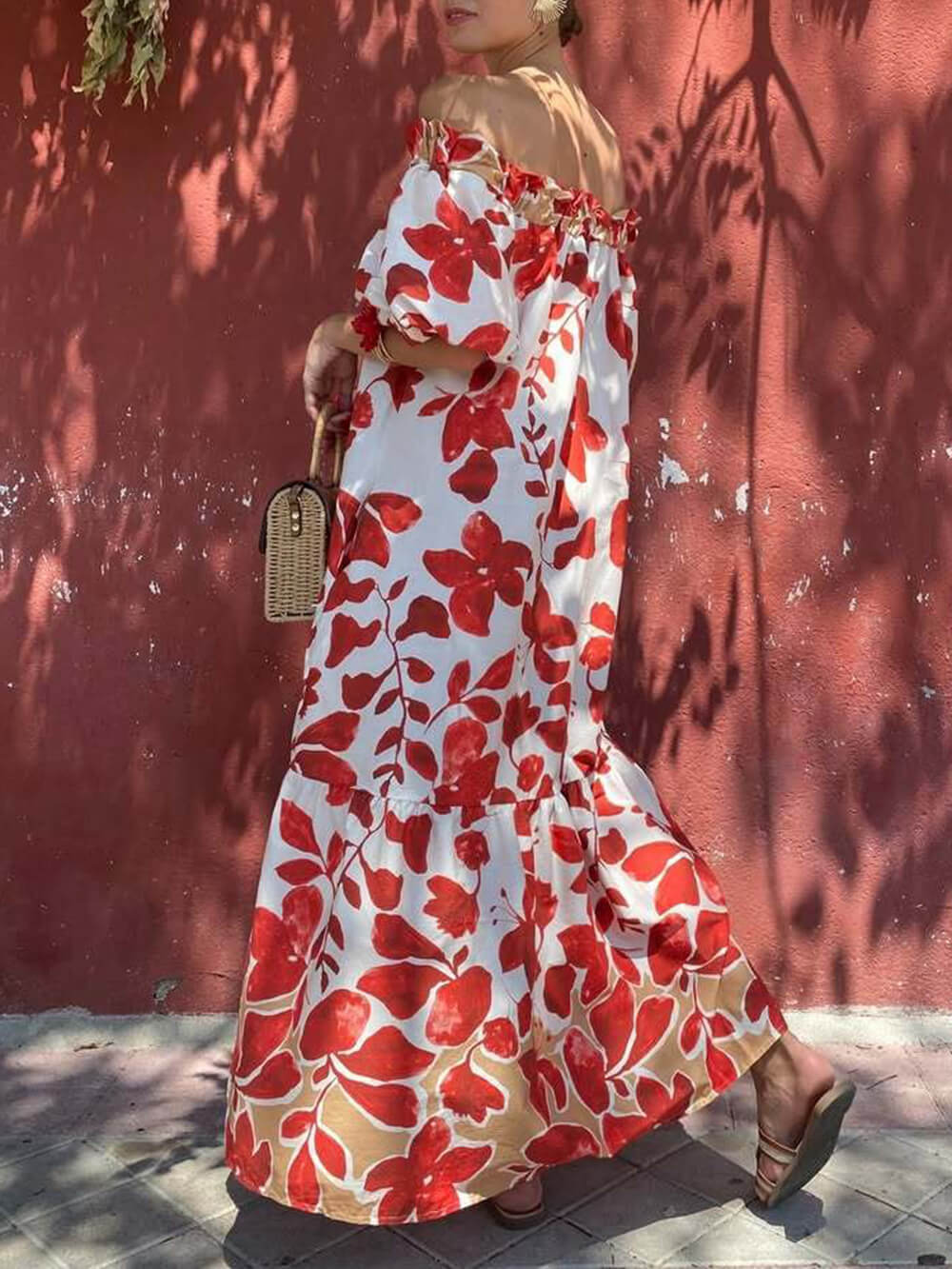 Casual Floral Print Off-Shoulder Puff Sleeve Maxi Dress