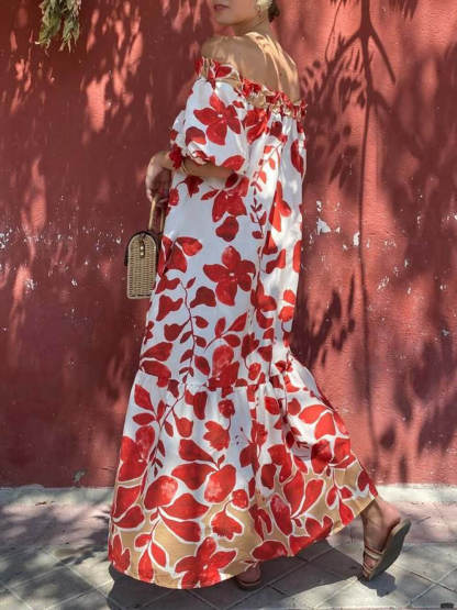 Casual Floral Print Off-Shoulder Puff Sleeve Maxi Dress