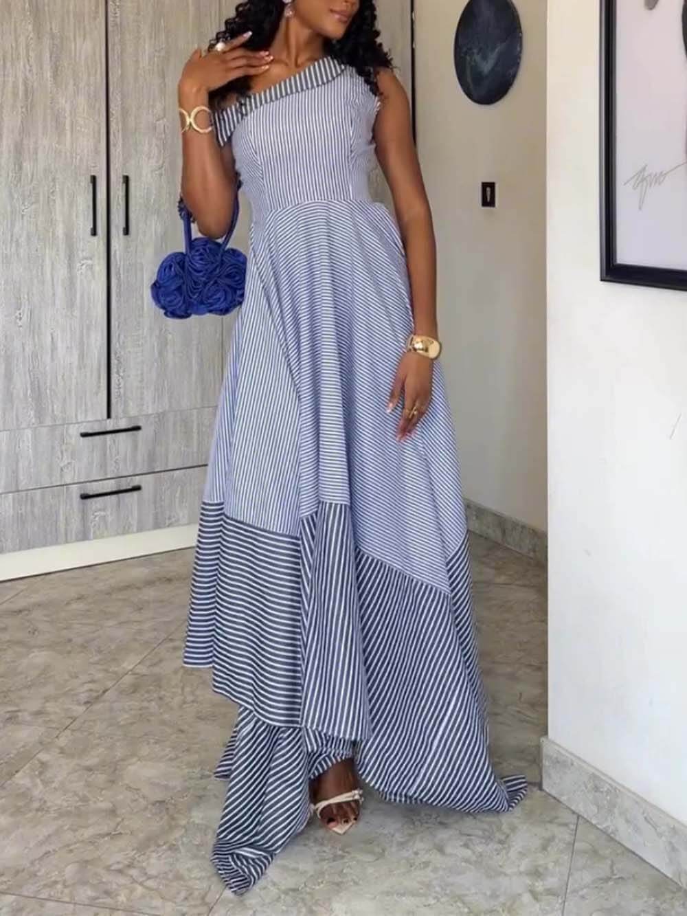 Classic Stripe Print One-Shoulder Asymmetrical Maxi Dress
