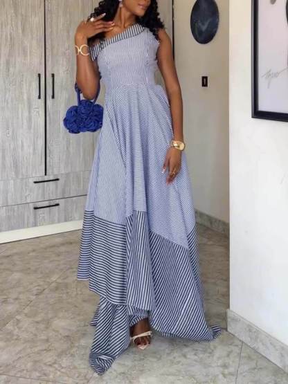 Classic Stripe Print One-Shoulder Asymmetrical Maxi Dress