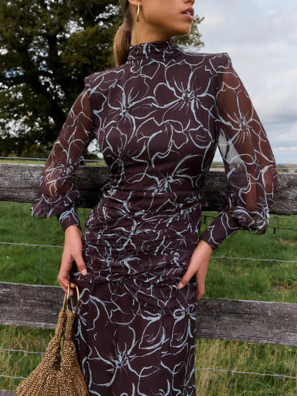 Exquisite Backless Printed Ruched Chiffon Long-Sleeve Maxi Dress