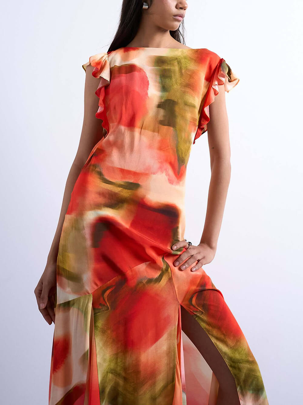 Unique Abstract Floral Print Draped Back Flowing Sleeves Maxi Dress