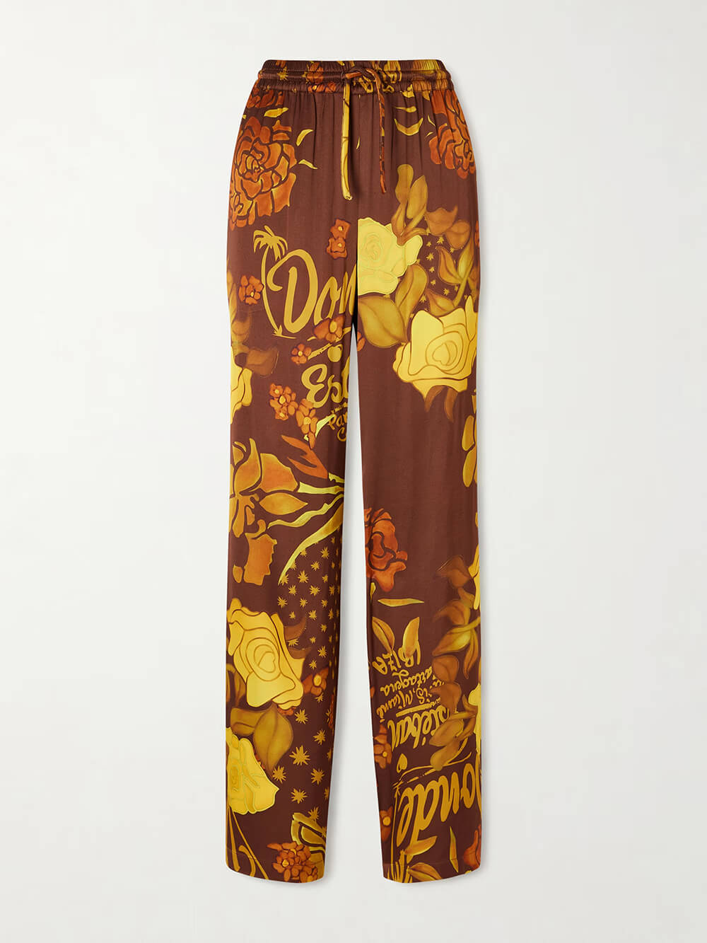 Unique Printed Satin Elastic Waist Pocket Wide-Leg Pants