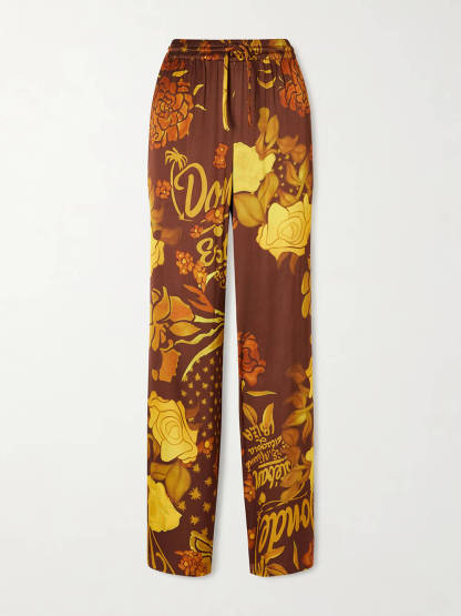 Unique Printed Satin Elastic Waist Pocket Wide-Leg Pants