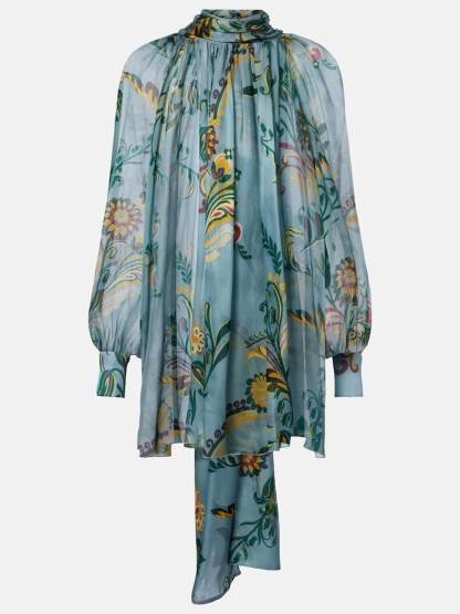 Delicate Floral Print Pleated Tie-Front Chiffon Blouse