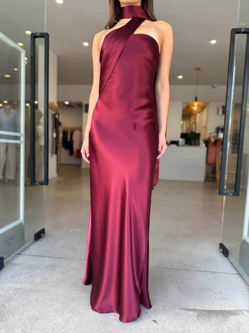 Elegant Satin Tie-Detail Party Maxi Dress