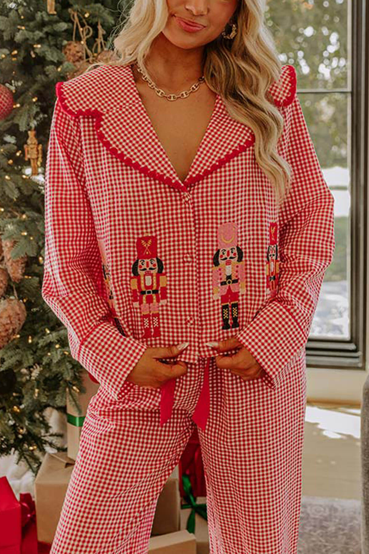 Christmas Nutcracker Charm Embroidered Gingham Loose Shirt and Elastic Waist Pajama Set