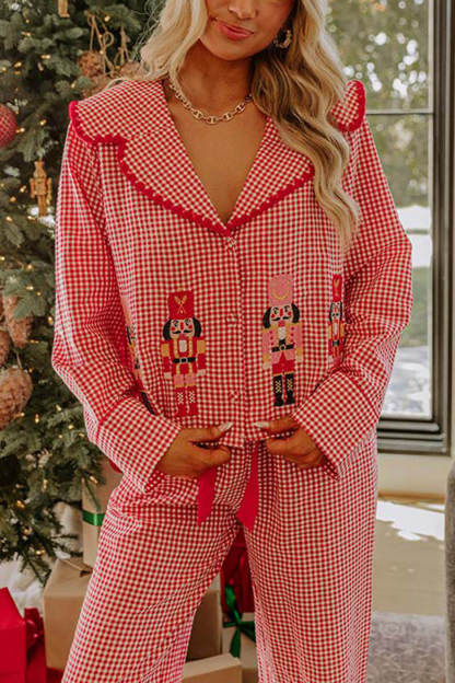 Christmas Nutcracker Charm Embroidered Gingham Loose Shirt and Elastic Waist Pajama Set