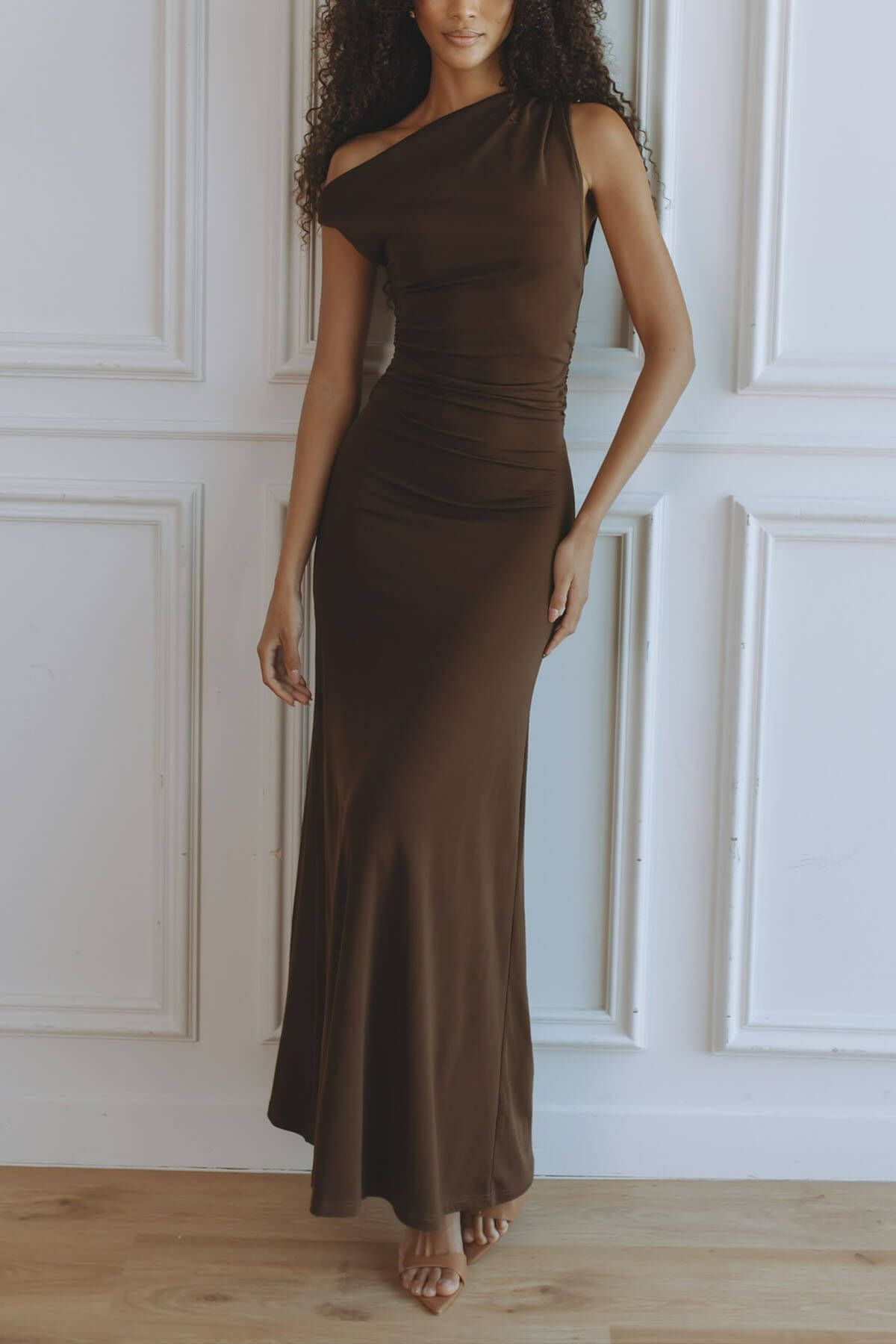 Elegant One-Shoulder Fitted A-Line Knit Maxi Dress