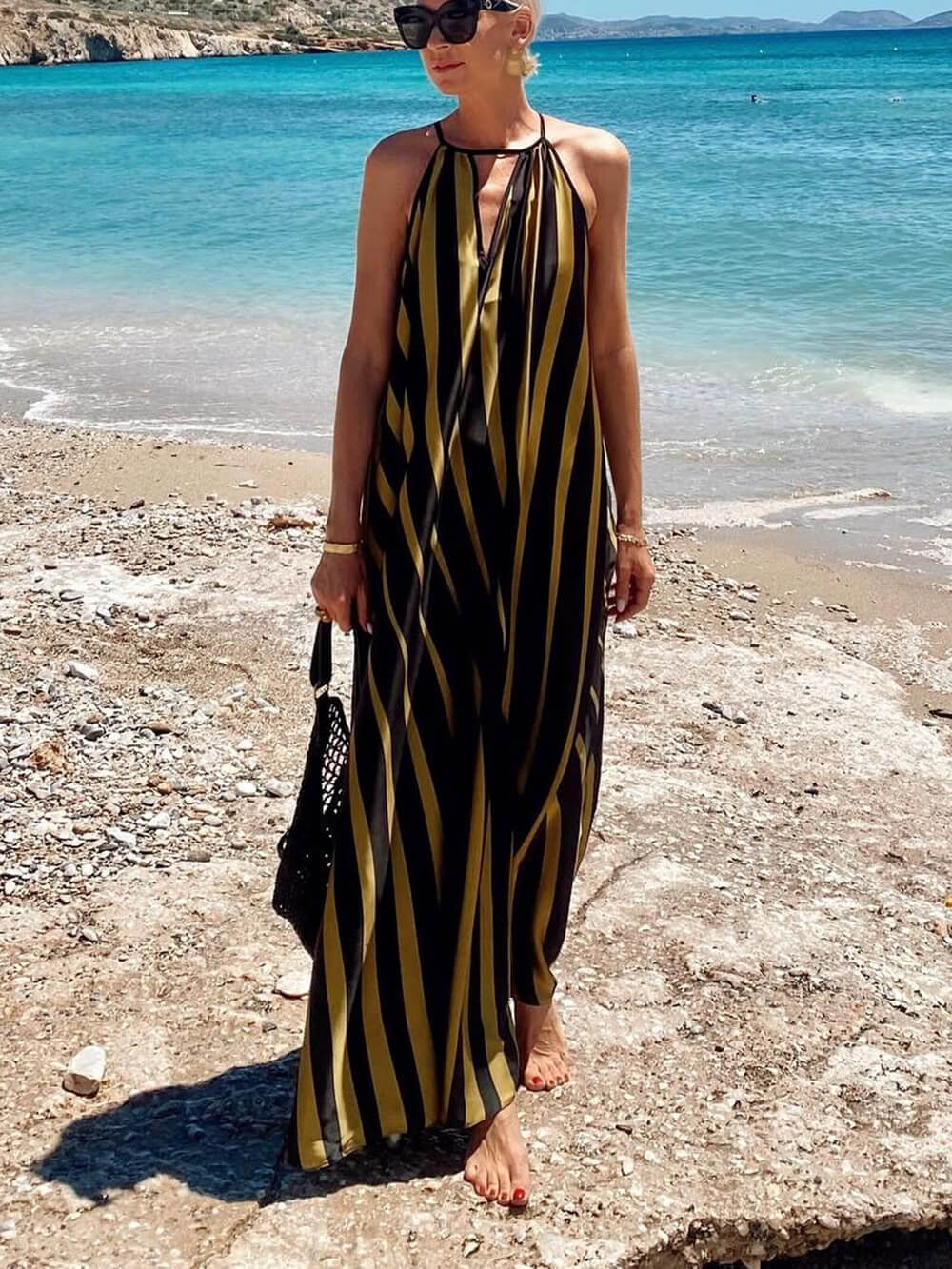 Summer Casual Contrast Stripe Print Lace-Up Holiday Maxi Dress