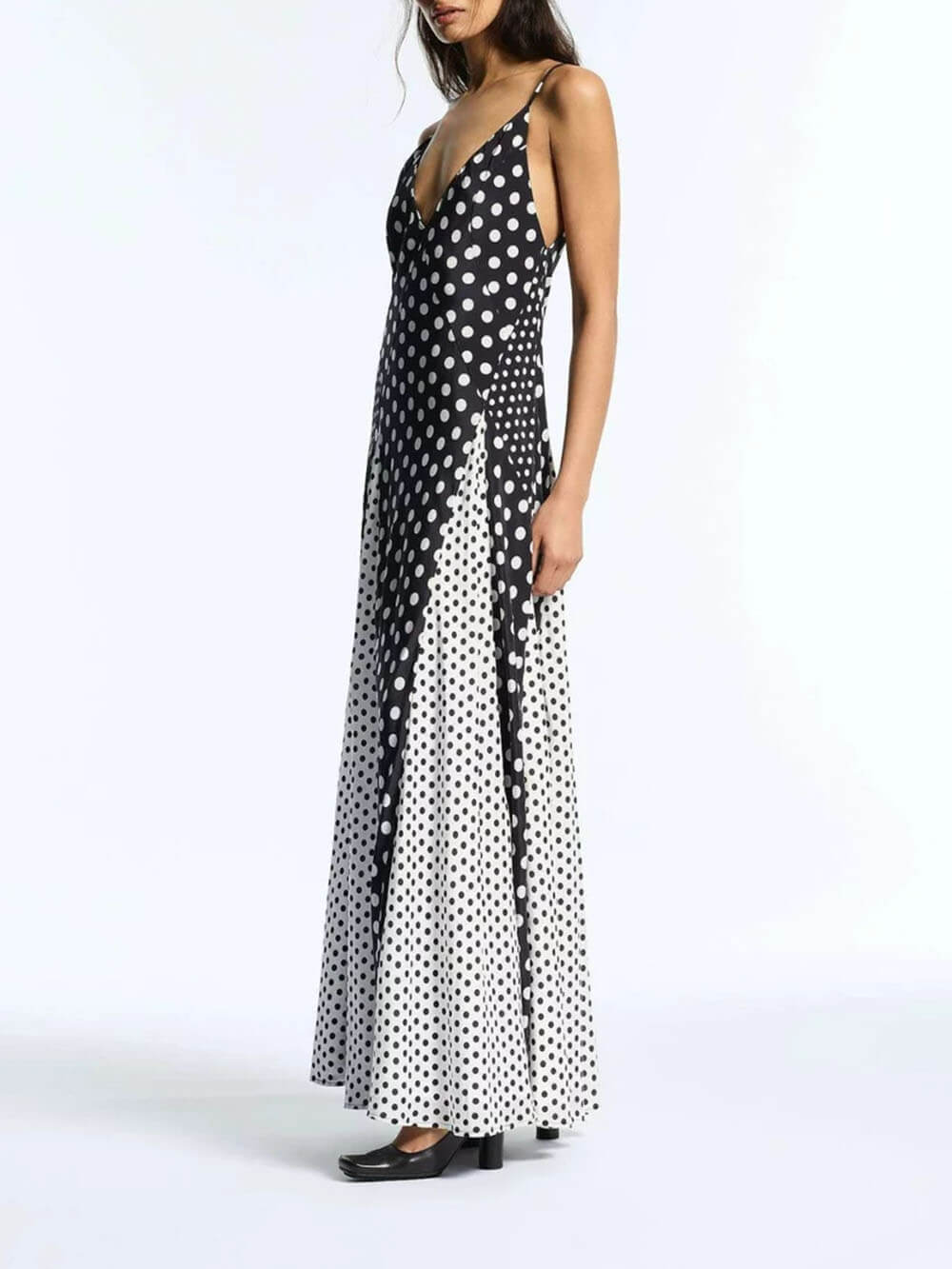 Elegant Color-Block Polka Dot Print Spaghetti Strap A-Line Maxi Dress