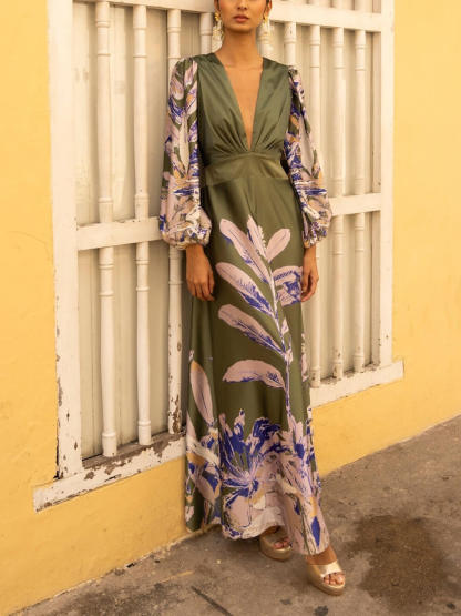 Elegant Satin Floral Print With Lantern Sleeves Deep V-Neck Maxi Dress