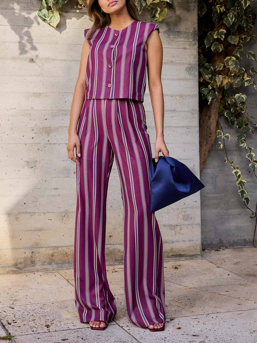 Classic Striped Print Button-Detail Tank Top