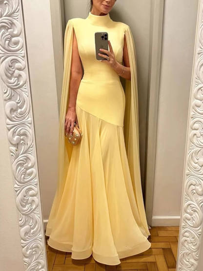 Elegant Mesh Panel Sleeveless Cape Maxi Dress