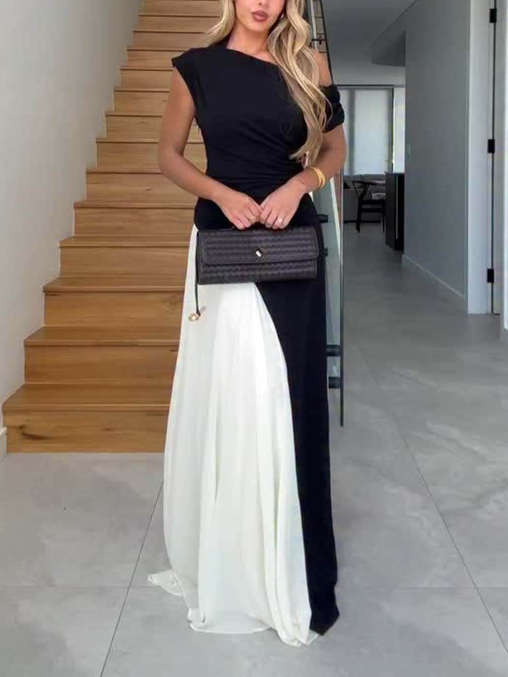 Elegant Asymmetric Off-Shoulder Pleated Maxi Dress