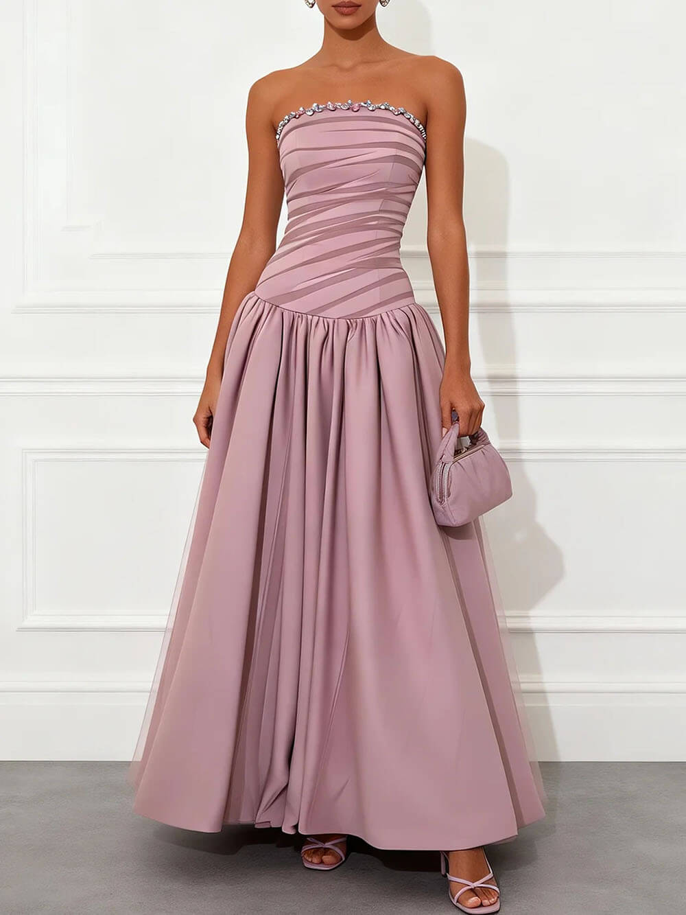 Exquisite Rhinestones Mesh Satin Strapless Sleeveless A-Line Maxi Dress