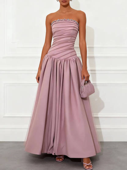 Exquisite Rhinestones Mesh Satin Strapless Sleeveless A-Line Maxi Dress