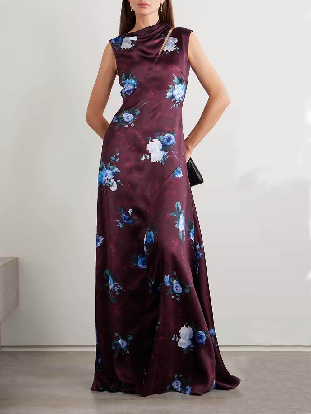 Asymmetrical Floral-Print Satin Maxi Dress