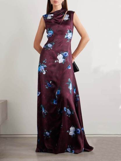 Asymmetrical Floral-Print Satin Maxi Dress