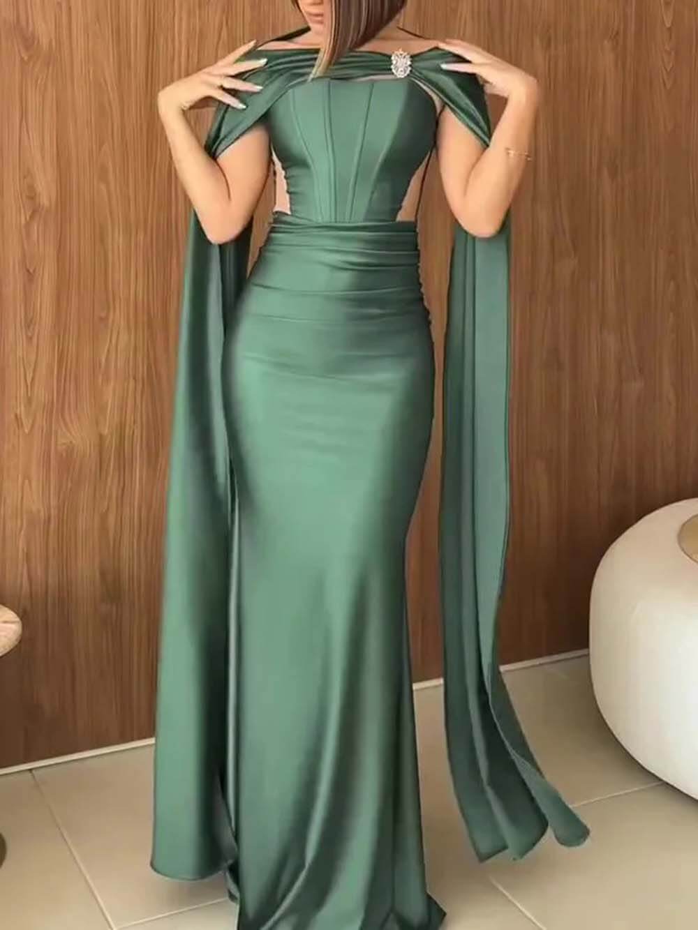 Elegant Strapless Cape Evening Maxi Dress