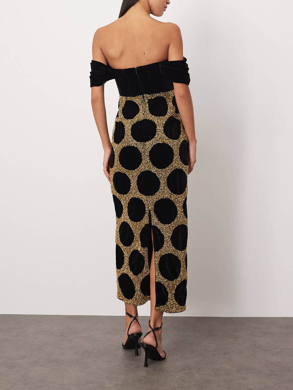 Elegant Black Draped Off-Shoulder Polka Dot Midi Dress