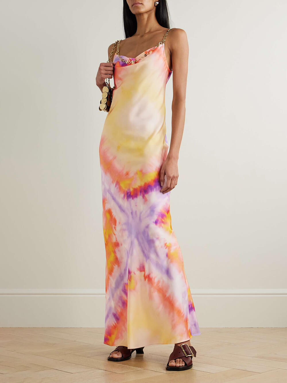 Exquisite Chain-Embellished Tie-Dye Satin Maxi Dress