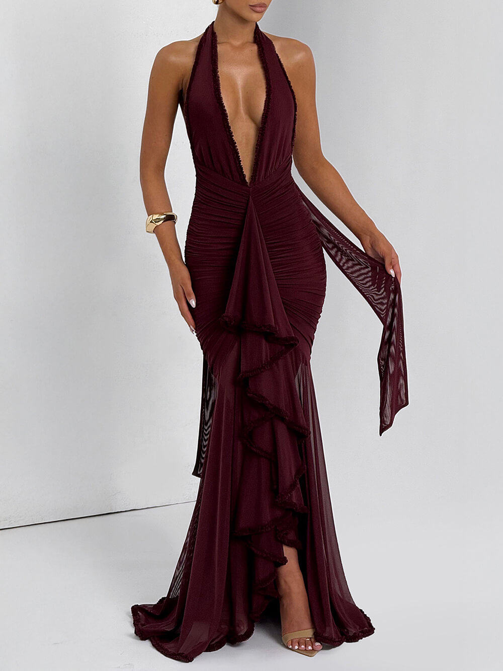 Elegant Lace-Trimmed Halter Deep V Evening Gown Maxi Dress