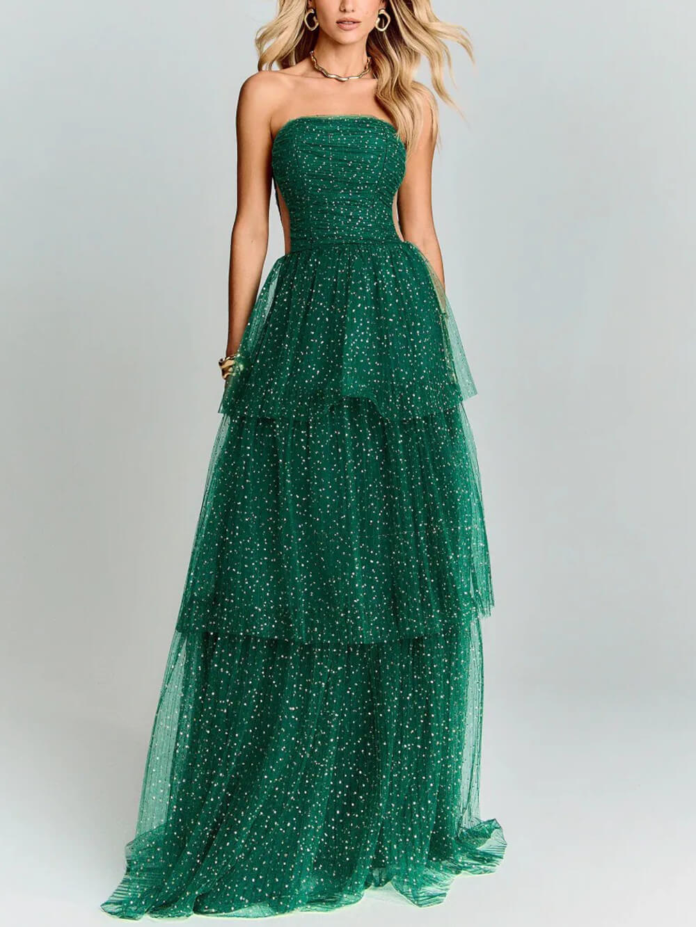 Elegant Green Polka Dot Layered Tulle Party Maxi Dress