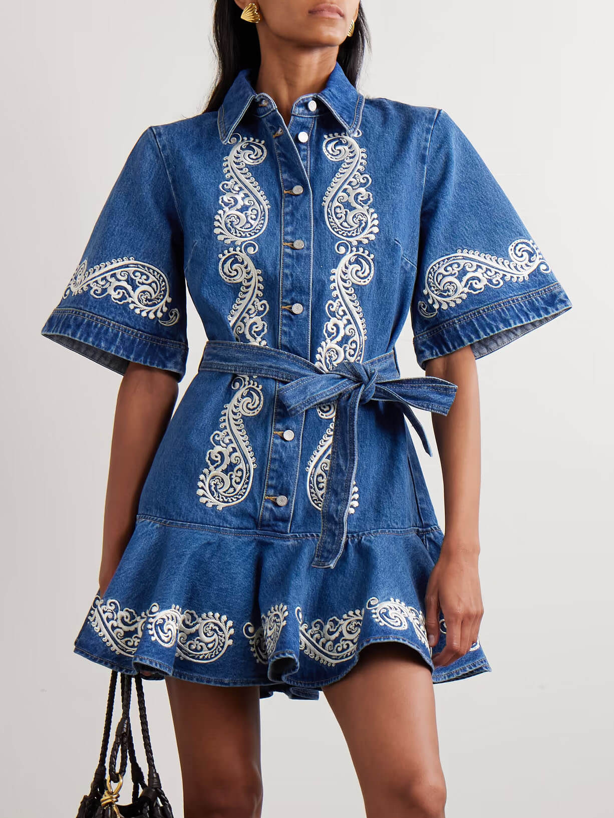Classic Belted Ruffle Hem Denim Mini Dress