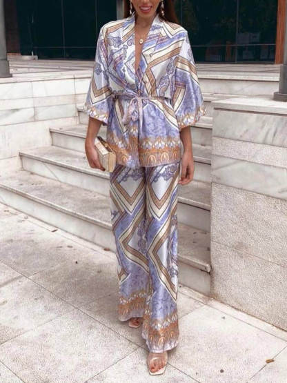 Elegant Unique Pattern Print Elastic Waist Loose Straight Pants