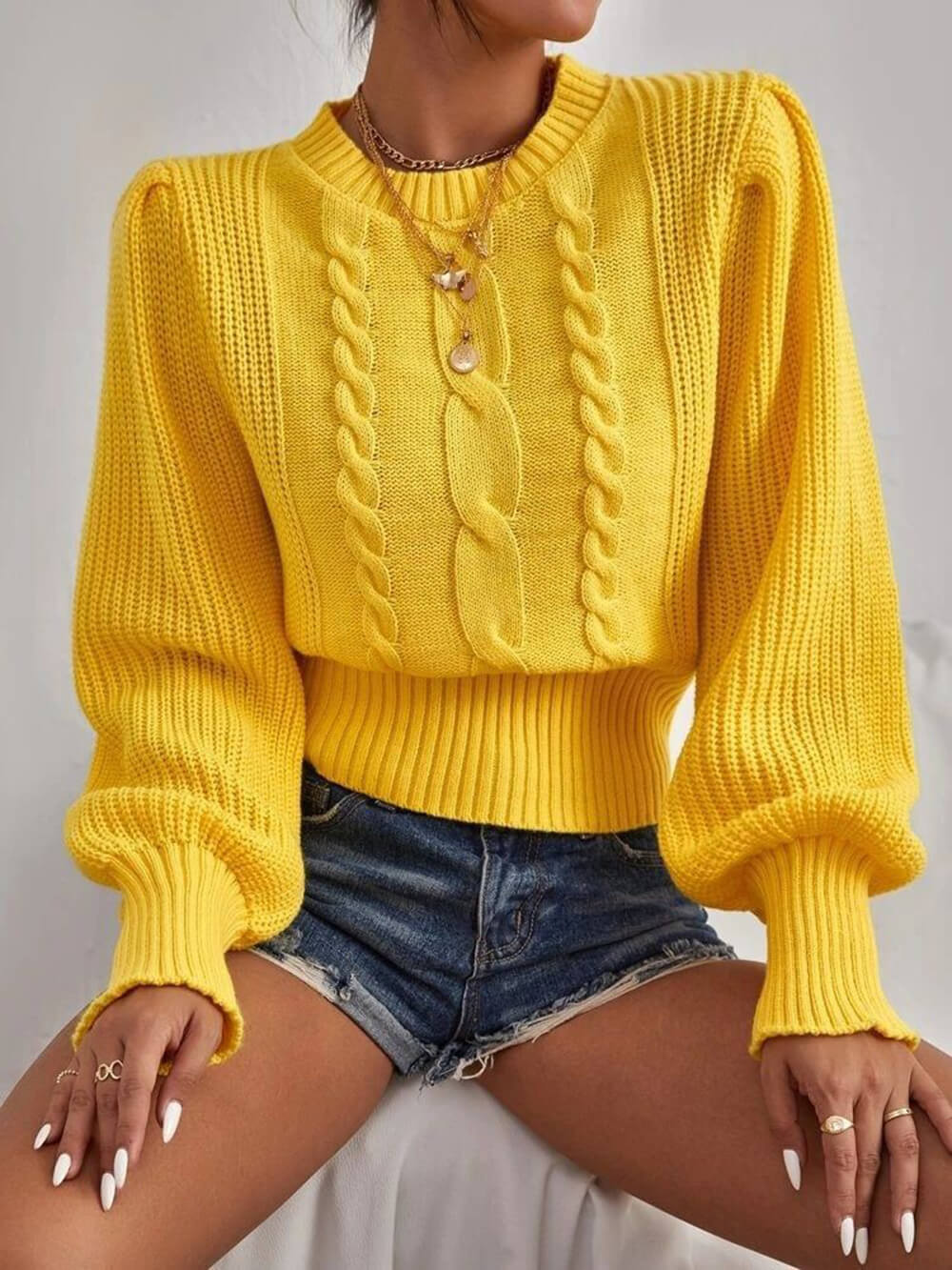 Fashion Solid Color Cable Knit Balloon Sleeve Crewneck Sweater