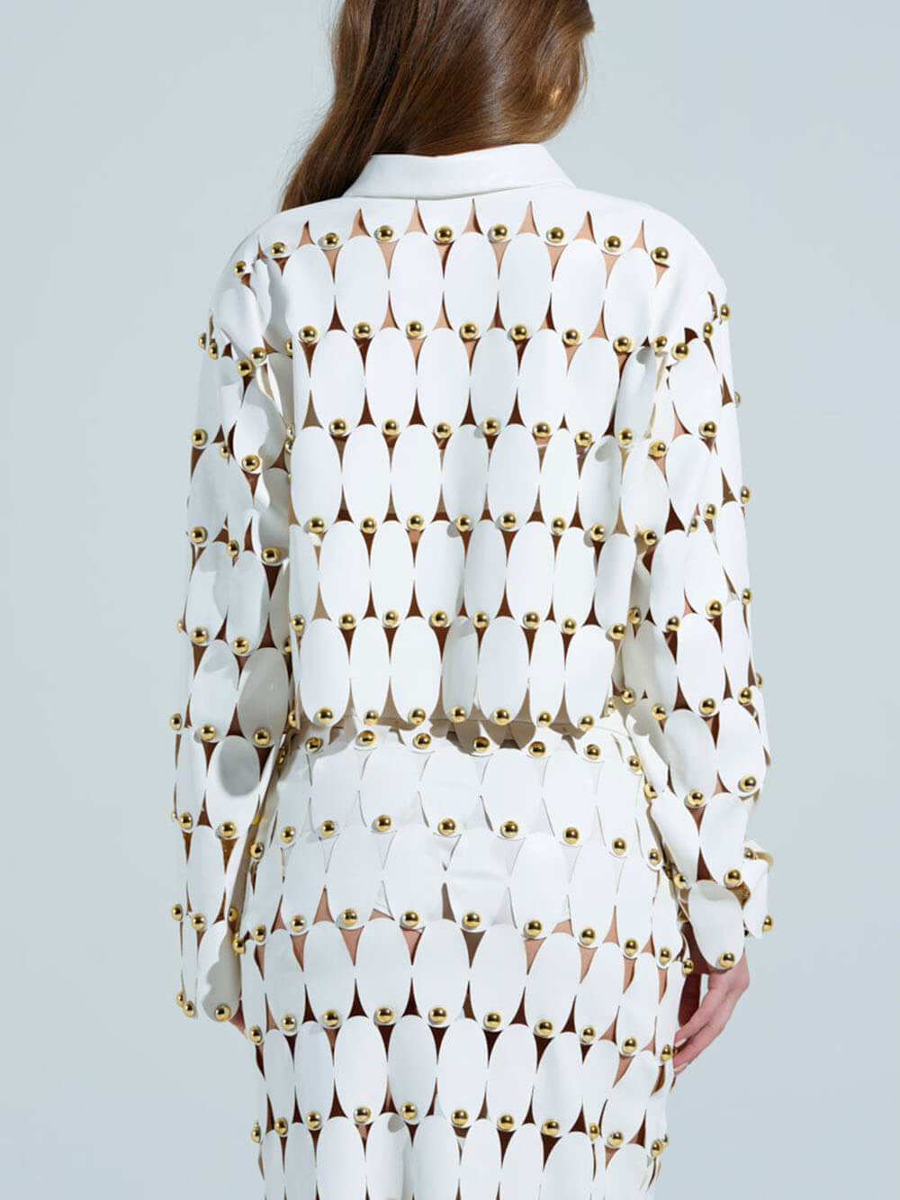 Exquisite Cut-Out Studded PU Cropped Cardigan Top