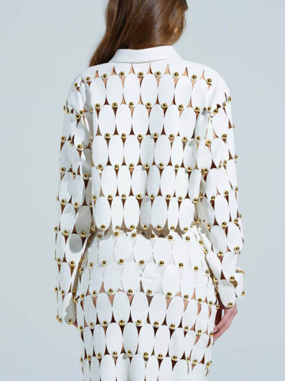Exquisite Cut-Out Studded PU Cropped Cardigan Top