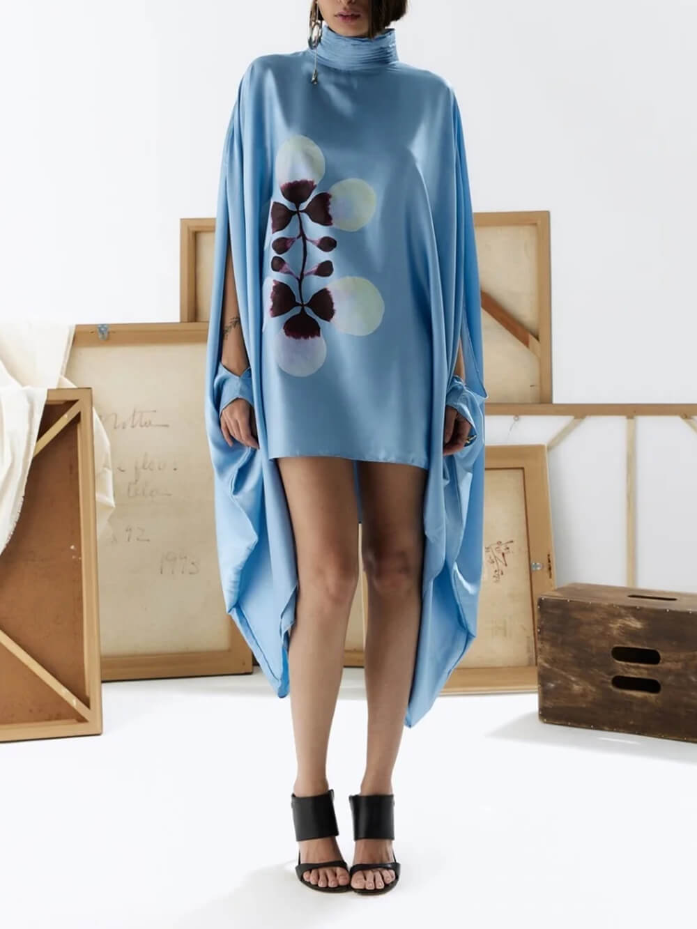 Exquisite Satin Floral Print Pleated High-neck Batwing Cutout Sleeve Loose Mini Dress