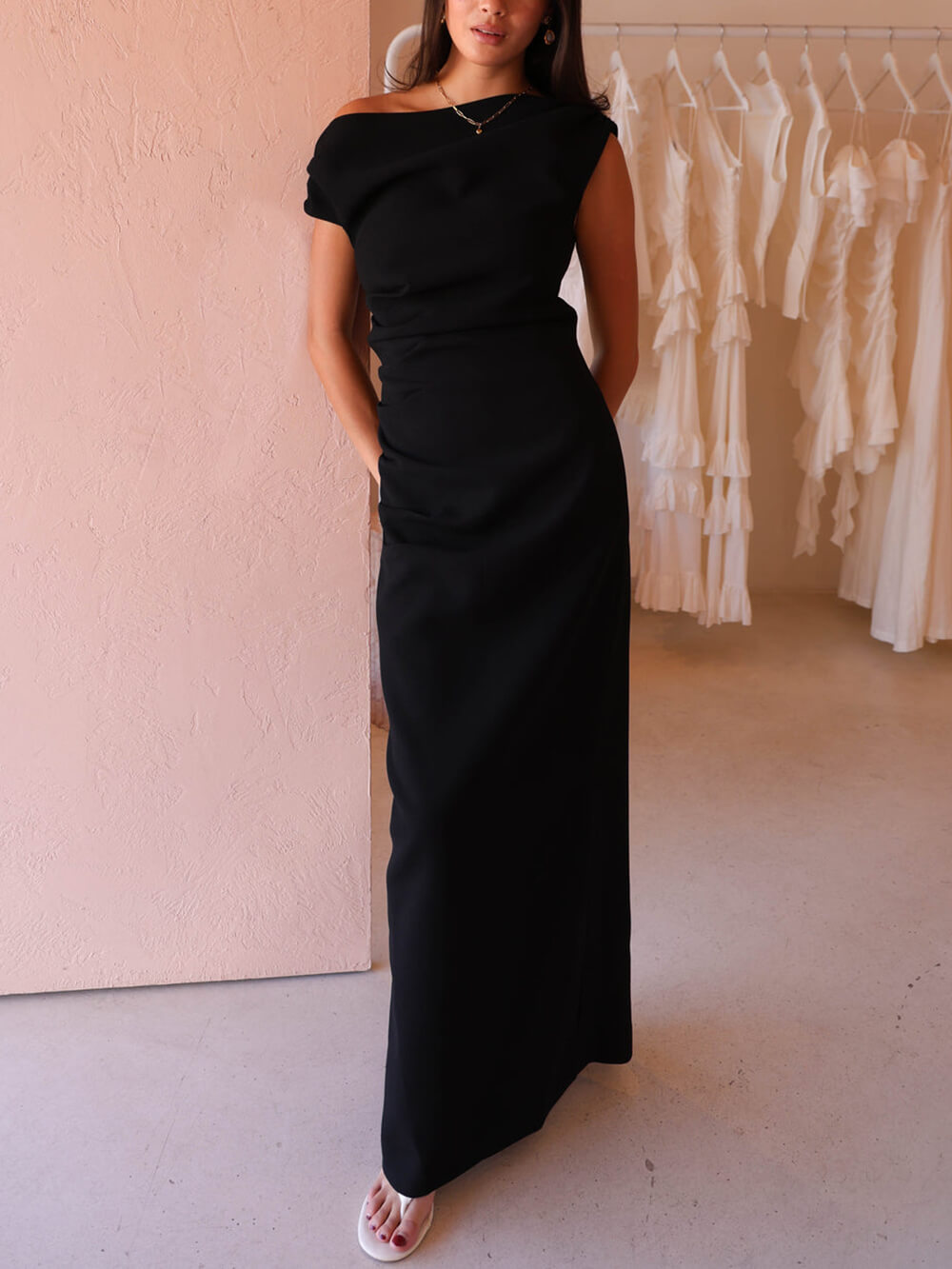 Elegant Pleated Off-Shoulder Slit Hem Maxi Dress