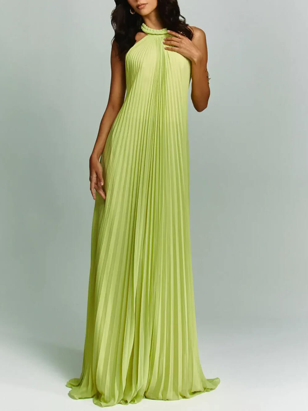 Elegant Ruched Woven Chiffon Halter Backless A-Line Maxi Dress