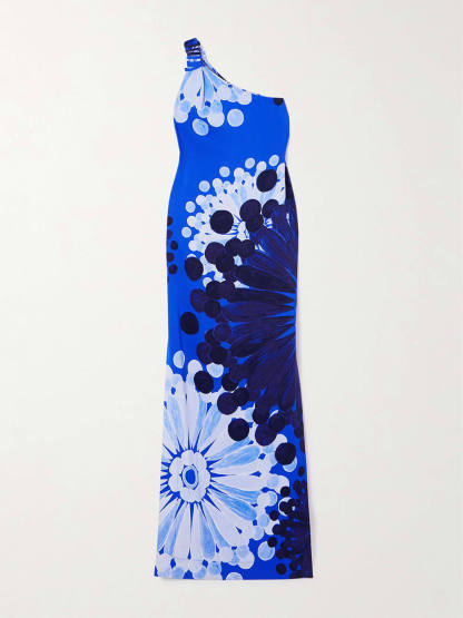Classic One-Shoulder Floral Print Slit Crepe Maxi Dress