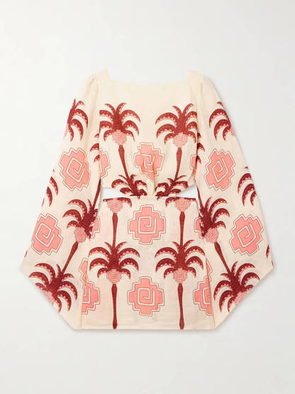 Unique Tropical Edge Palm Tree Print Cutout Linen Mini Dress