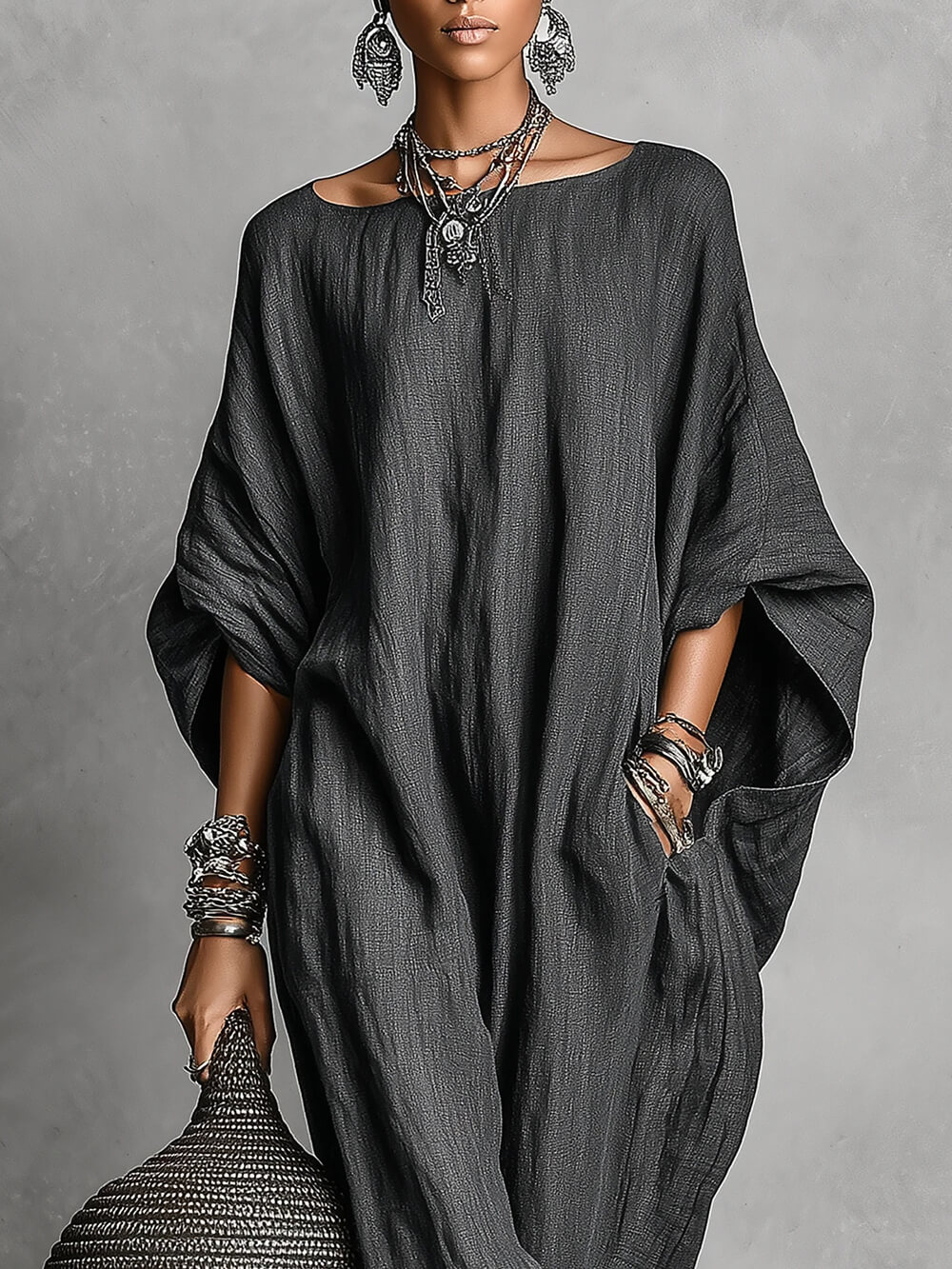 Casual Linen Batwing Sleeve Loose Maxi Dress