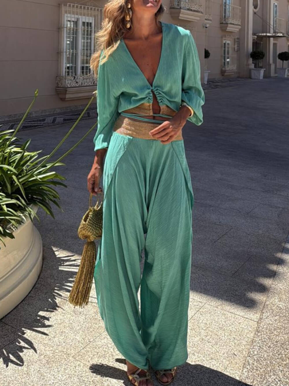Unique V-Neck With Gold Trim Elasticated Back Waistband Shirt