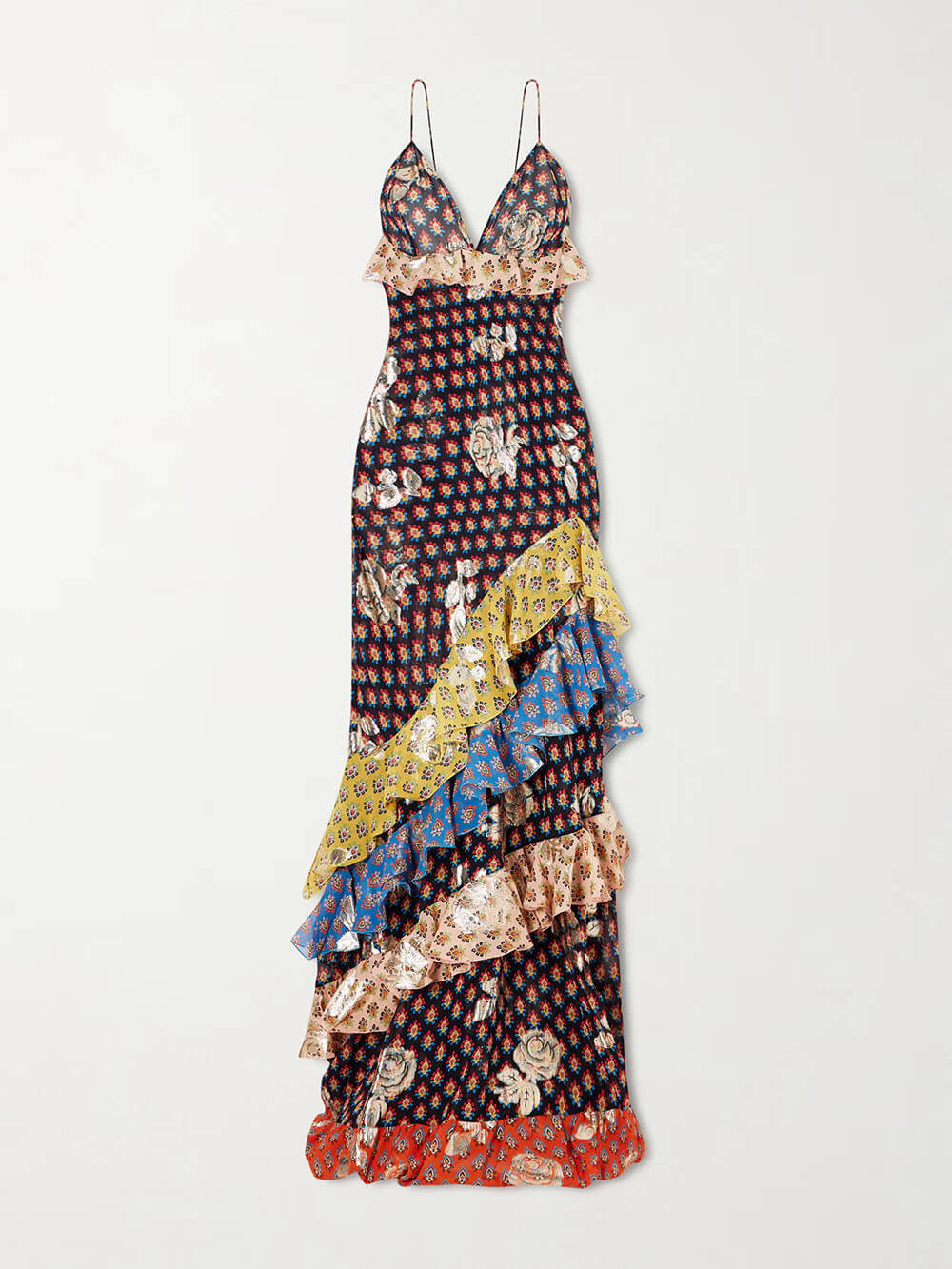 Delicate Ruffled Tiered Printed Metallic Chiffon Maxi Dress