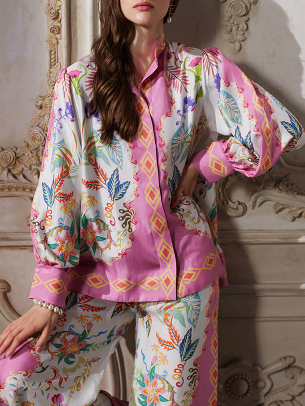 Mystic Bloom Floral Geometric Print Oversized Button-Up Shirt