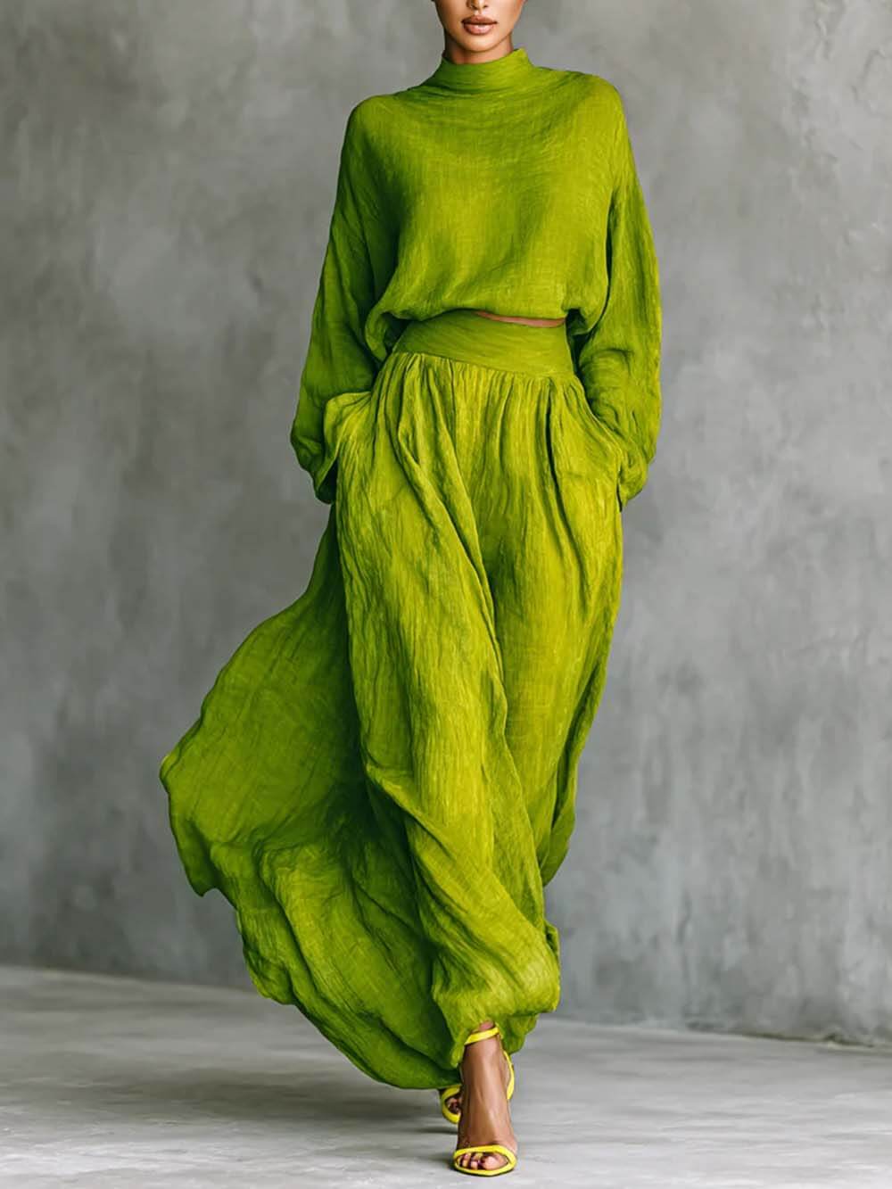 Casual Green Turtleneck Loose-Fit Top